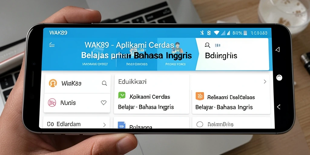 Screenshot aplikasi WAK89 menampilkan antarmuka belajar Bahasa Inggris yang interaktif.